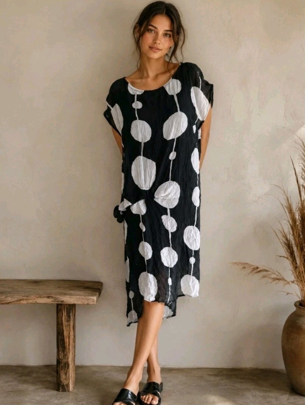 Gershon Bram Black Gray Dress Crinkle Polka Dot Lagenlook Boho Size Large